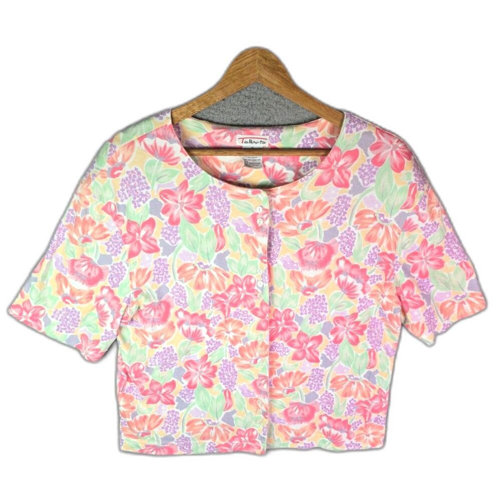 Talbots Cropped Blouse Pastel Floral XL Cottagecore Vintage 90s Cotton